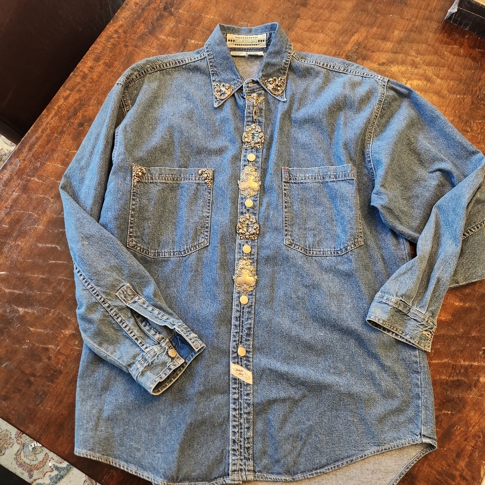 Vintage Milano Bay 80's Jean Shacket Womans Stamped Metal Repousse Silver Detail